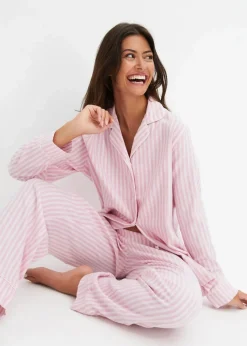 bonprix Wäsche·Nachtwäsche|Nachtwäsche^Gewebter Flanell Pyjama mit Geschenktasche rauchorchidee/hellrosa gestreift