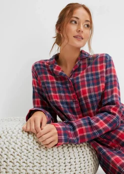bonprix Wäsche·Nachtwäsche|Nachtwäsche^Gewebtes Nachthemd aus Flanell mit Knopfleiste rot kariert