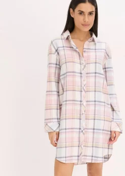bonprix Wäsche·Nachtwäsche|Nachtwäsche^Gewebtes Nachthemd aus Flanell mit Knopfleiste puderblau/aschrosa kariert