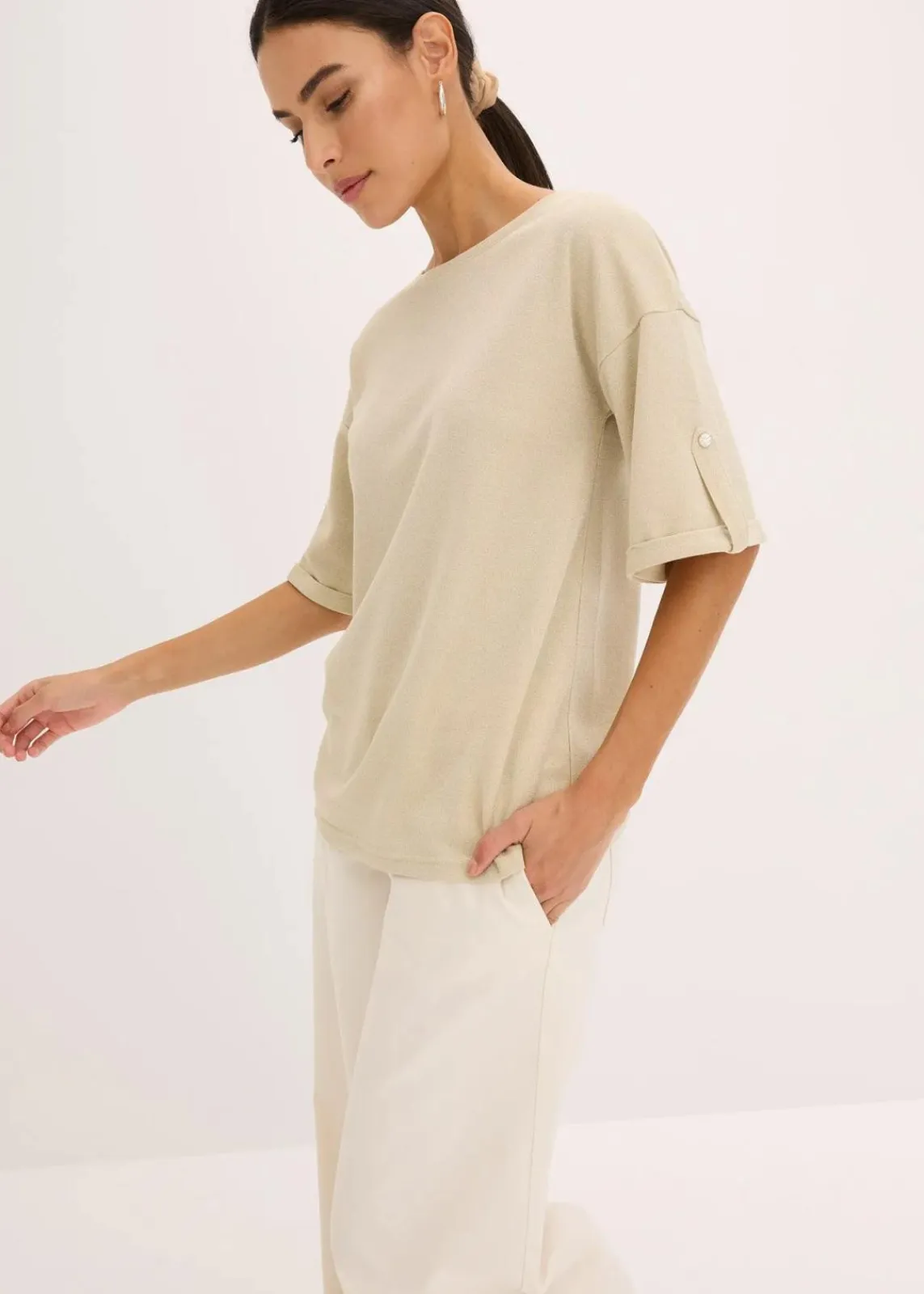 bonprix Shirts & Tops^Glitzer Viskose-Shirt mit Glanzdruck hellsand/metallic silber