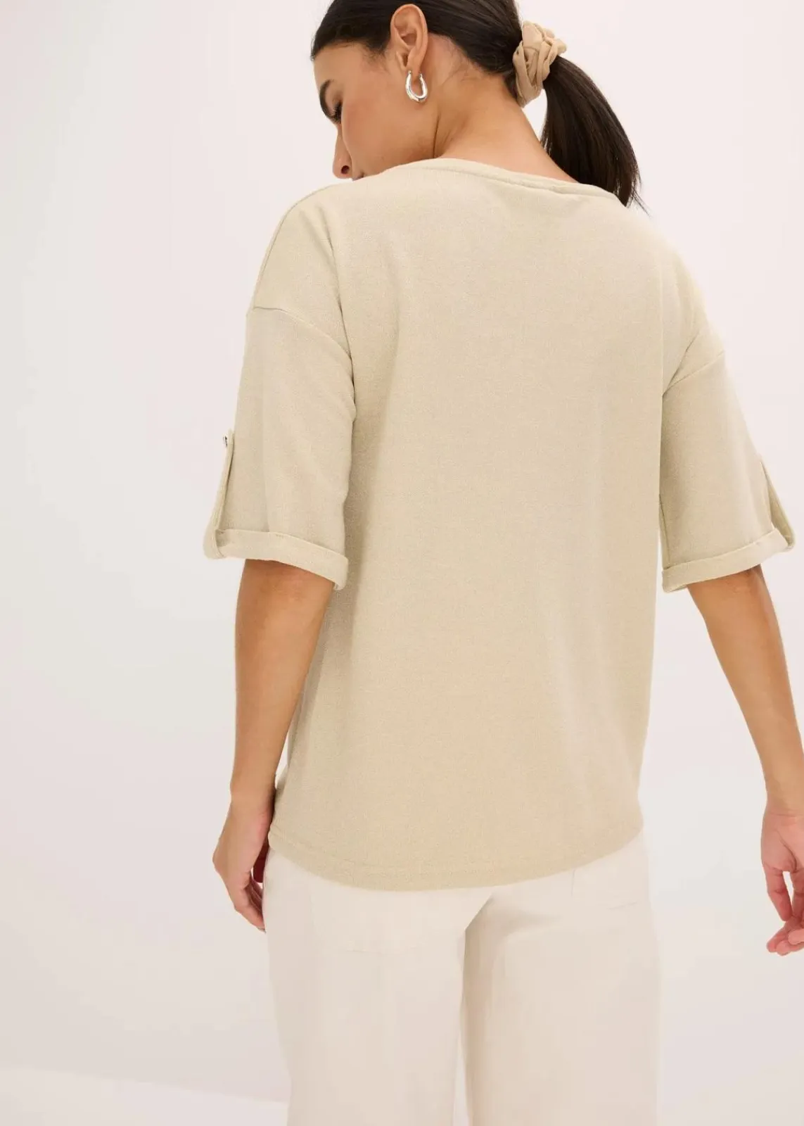 bonprix Shirts & Tops^Glitzer Viskose-Shirt mit Glanzdruck hellsand/metallic silber