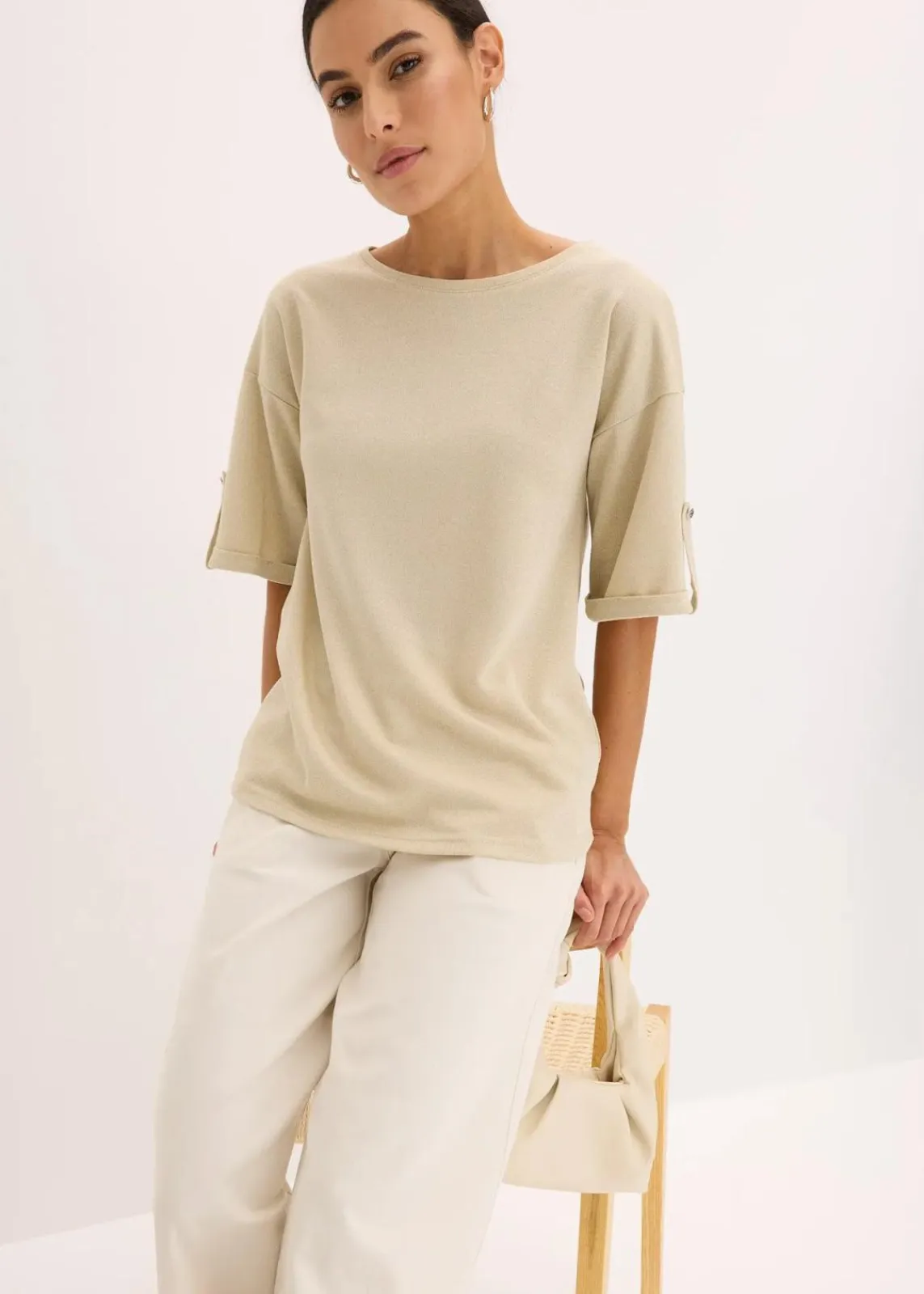 bonprix Shirts & Tops^Glitzer Viskose-Shirt mit Glanzdruck hellsand/metallic silber