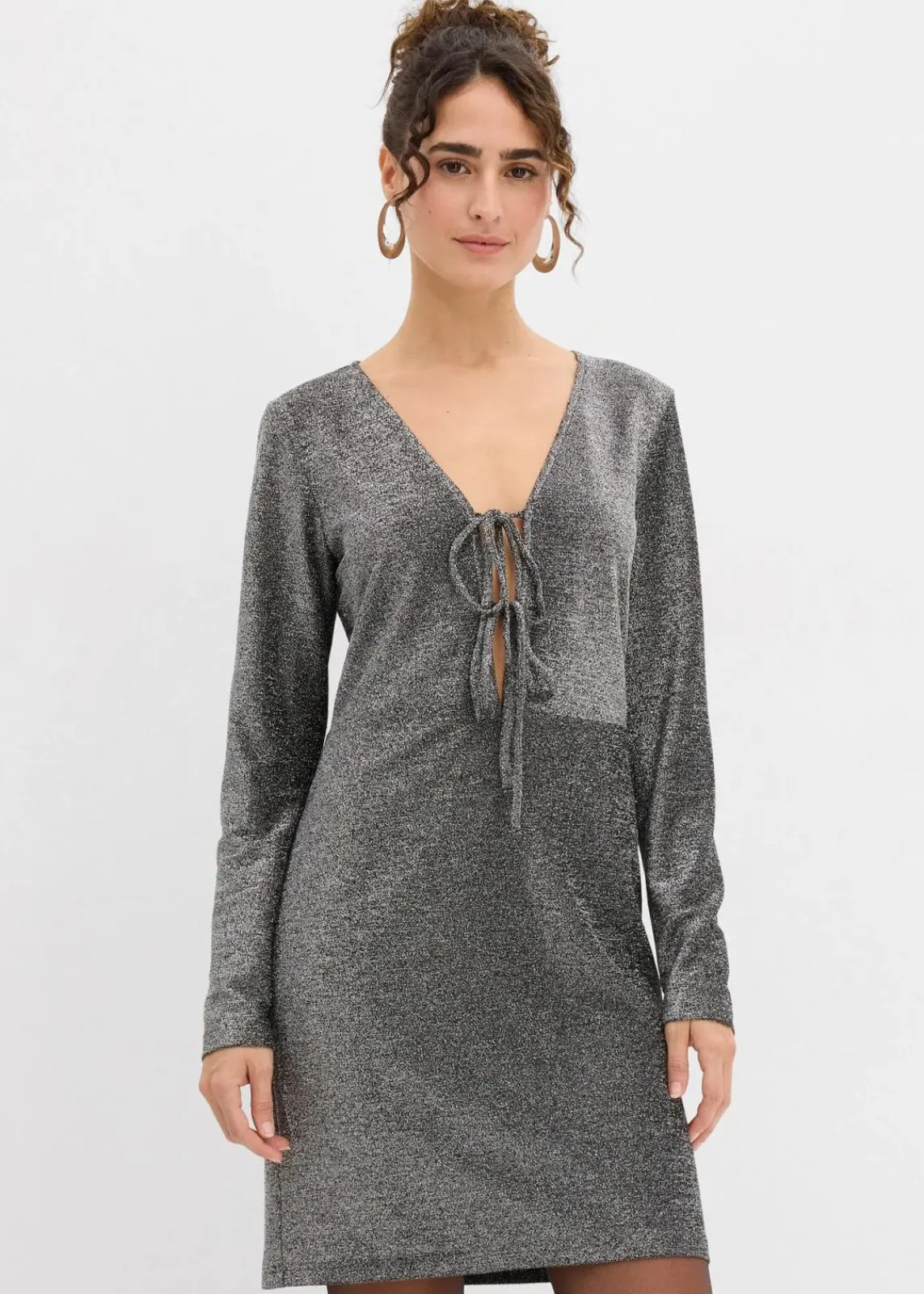 bonprix Bekleidung·Pullover & Strickjacken|Kleider^Glitzerndes Minikleid mit Schleifendetail schwarz/silber lurex