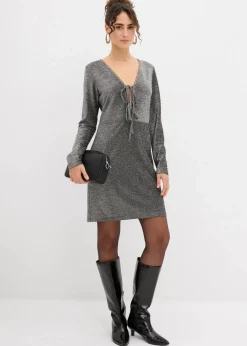 bonprix Bekleidung·Pullover & Strickjacken|Kleider^Glitzerndes Minikleid mit Schleifendetail schwarz/silber lurex