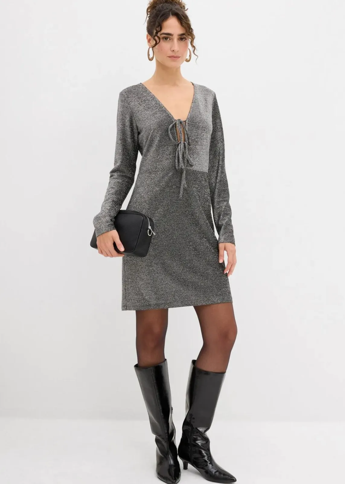 bonprix Bekleidung·Pullover & Strickjacken|Kleider^Glitzerndes Minikleid mit Schleifendetail schwarz/silber lurex
