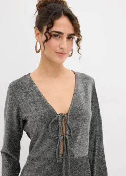 bonprix Bekleidung·Pullover & Strickjacken|Kleider^Glitzerndes Minikleid mit Schleifendetail schwarz/silber lurex