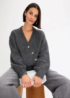 bonprix Pullover & Strickjacken|Strickmode^Grobstrickjacke aus weichem Wollmix anthrazit meliert