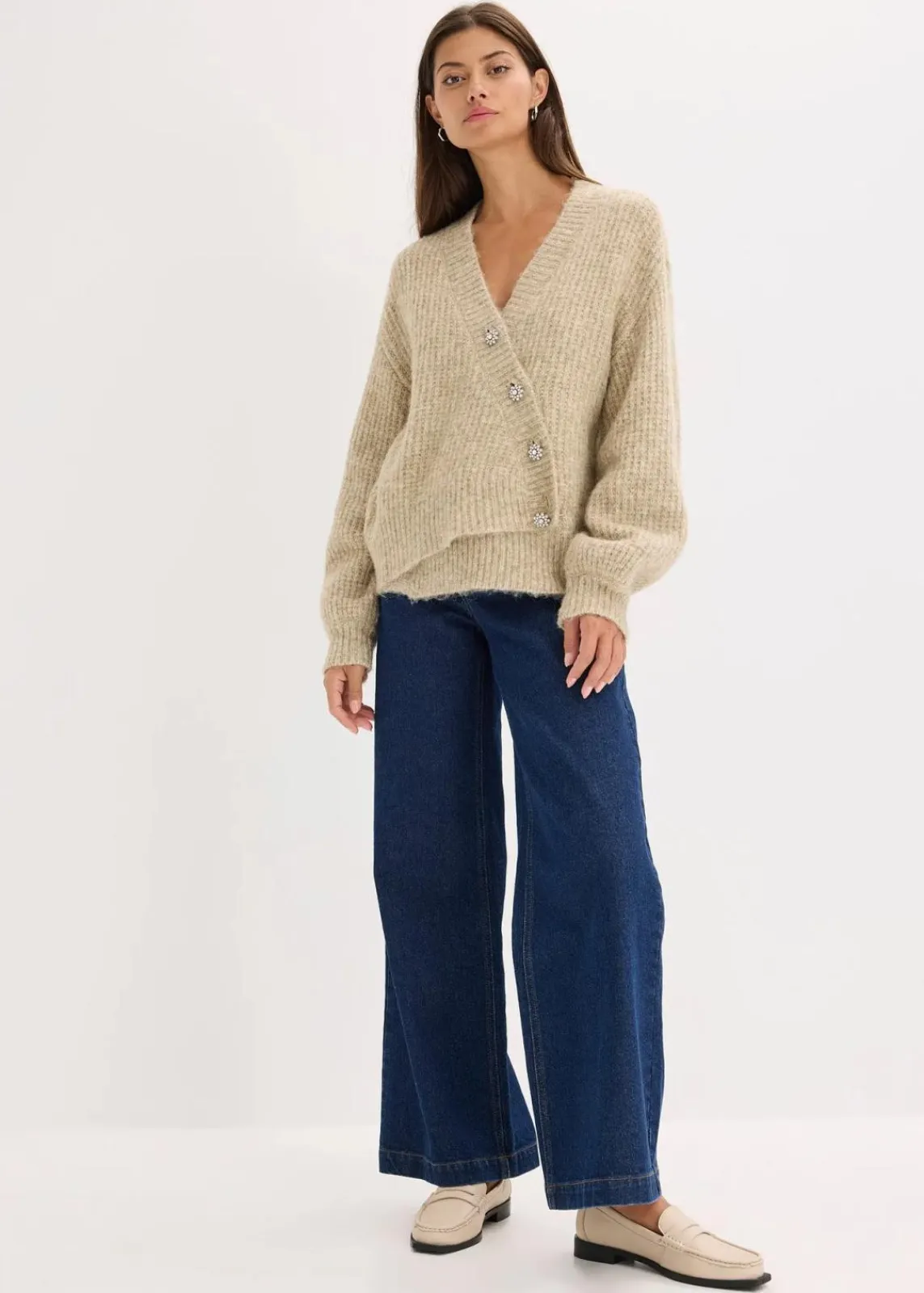 bonprix Bekleidung·Umstandsmode|Bekleidung·Jeans^Grobstrickjacke aus weichem Wollmix sand meliert