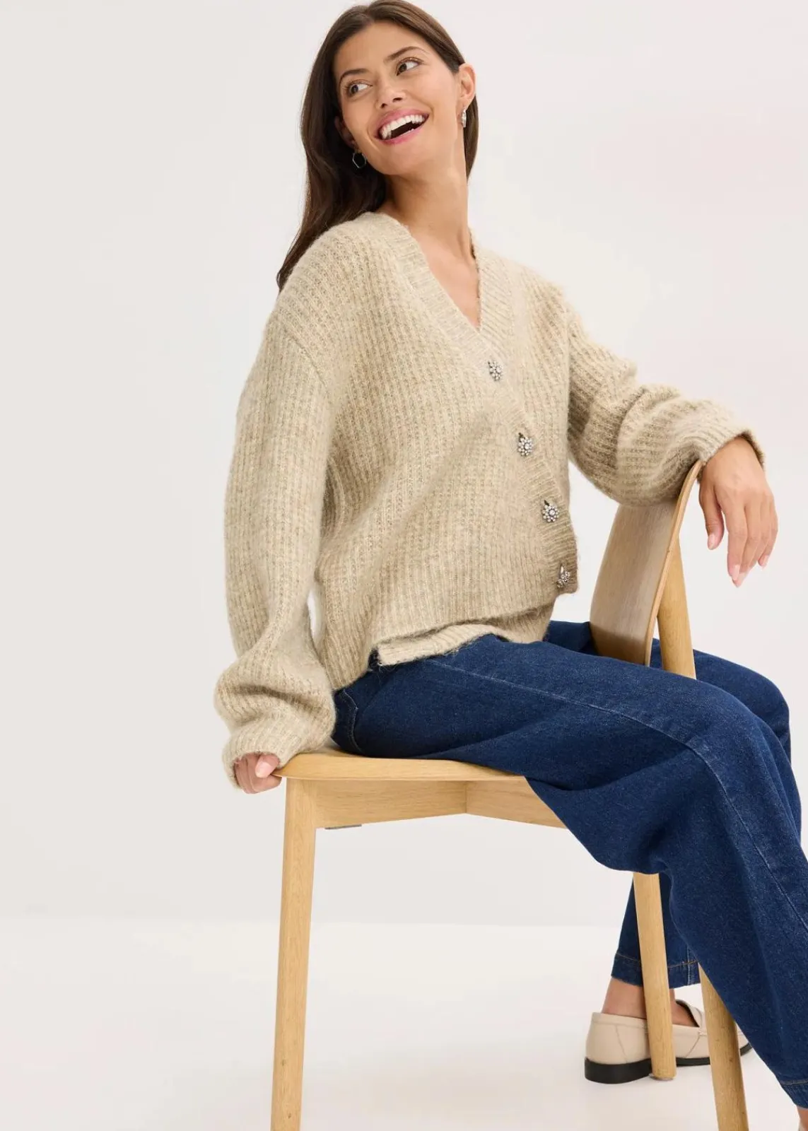 bonprix Bekleidung·Umstandsmode|Bekleidung·Jeans^Grobstrickjacke aus weichem Wollmix sand meliert