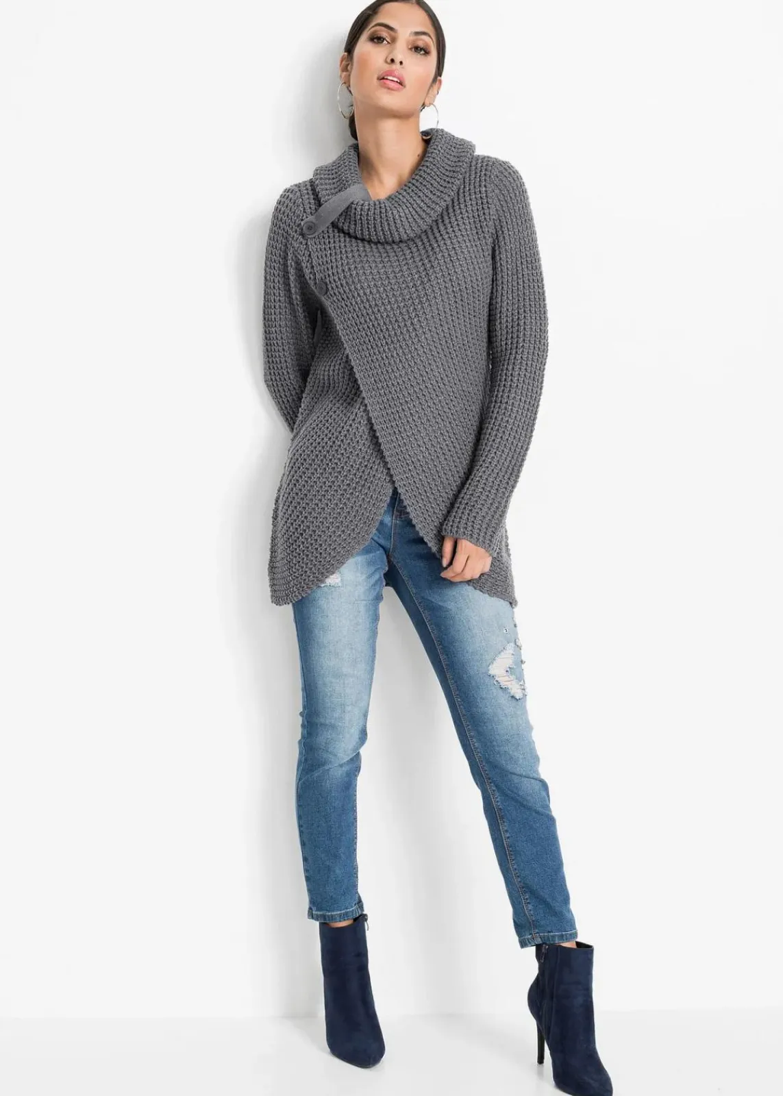 bonprix Bekleidung·Umstandsmode|Bekleidung·Jeans^Grobstrick-Pullover dunkelgrau meliert
