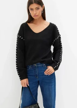 bonprix Bekleidung·Umstandsmode|Bekleidung·Jeans^Grobstrick-Pullover schwarz/cremeweiß