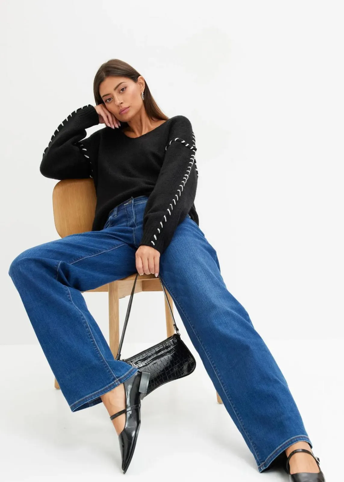 bonprix Bekleidung·Umstandsmode|Bekleidung·Jeans^Grobstrick-Pullover schwarz/cremeweiß
