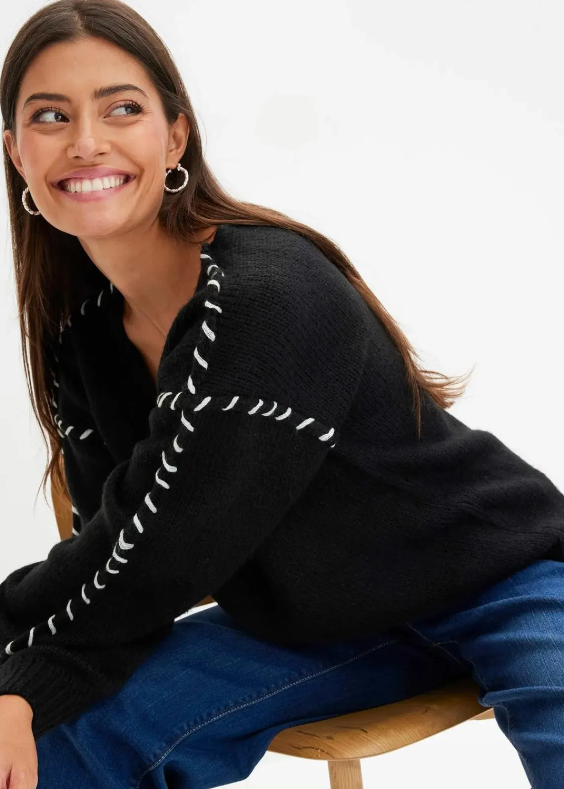bonprix Bekleidung·Umstandsmode|Bekleidung·Jeans^Grobstrick-Pullover schwarz/cremeweiß