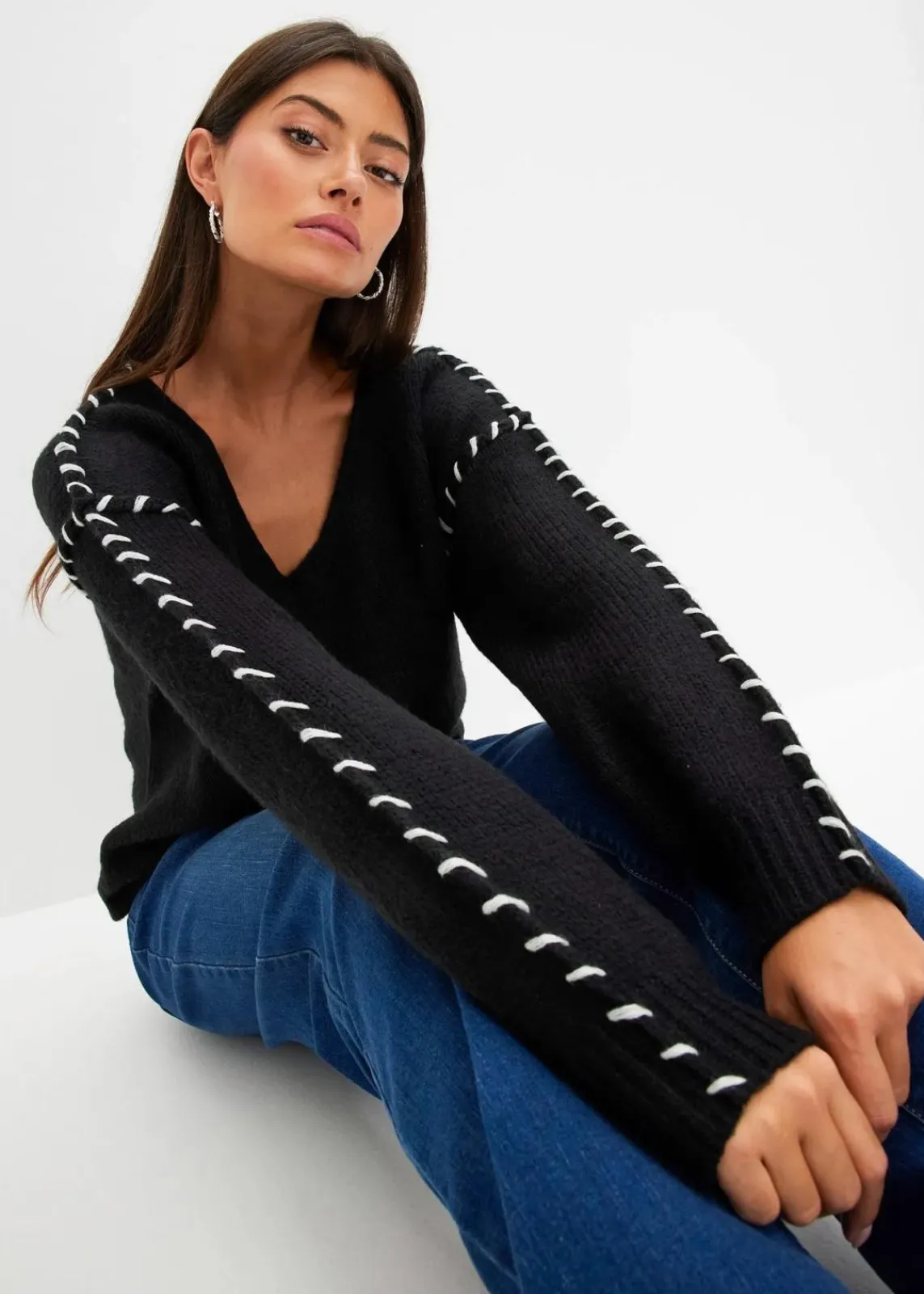 bonprix Bekleidung·Umstandsmode|Bekleidung·Jeans^Grobstrick-Pullover schwarz/cremeweiß