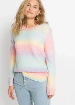 bonprix Bekleidung·Umstandsmode|Strickmode^Grobstrick-Pullover aus weichem Woll-Mix rosa/gelb/hellblau/lila gestreift