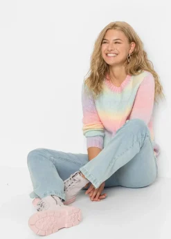 bonprix Bekleidung·Umstandsmode|Strickmode^Grobstrick-Pullover aus weichem Woll-Mix rosa/gelb/hellblau/lila gestreift