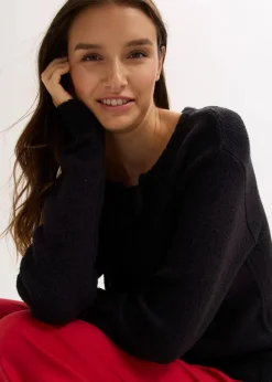bonprix Pullover & Strickjacken|Strickmode^Grobstrick-Pullover mit Bindelösung schwarz