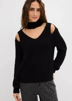 bonprix Strickmode|Pullover & Strickjacken^Grobstrick-Pullover mit Cut-Outs schwarz