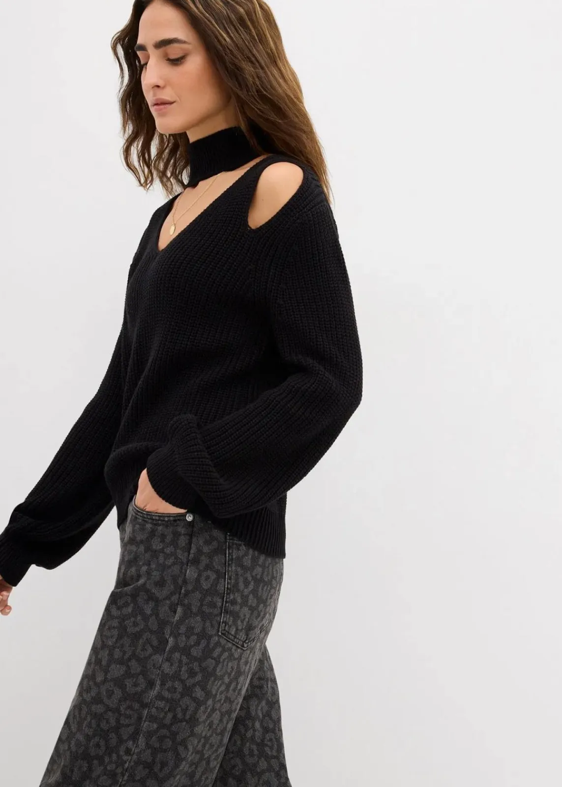bonprix Strickmode|Pullover & Strickjacken^Grobstrick-Pullover mit Cut-Outs schwarz