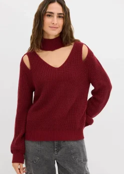 bonprix Strickmode|Pullover & Strickjacken^Grobstrick-Pullover mit Cut-Outs granatapfel