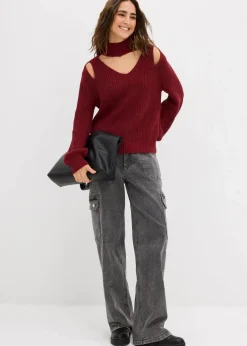 bonprix Strickmode|Pullover & Strickjacken^Grobstrick-Pullover mit Cut-Outs granatapfel