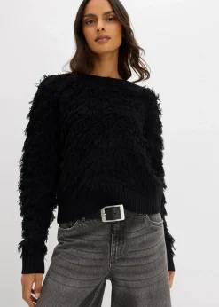 bonprix Bekleidung·Umstandsmode|Bekleidung·Jeans^Grobstrick-Pullover mit Fransen schwarz