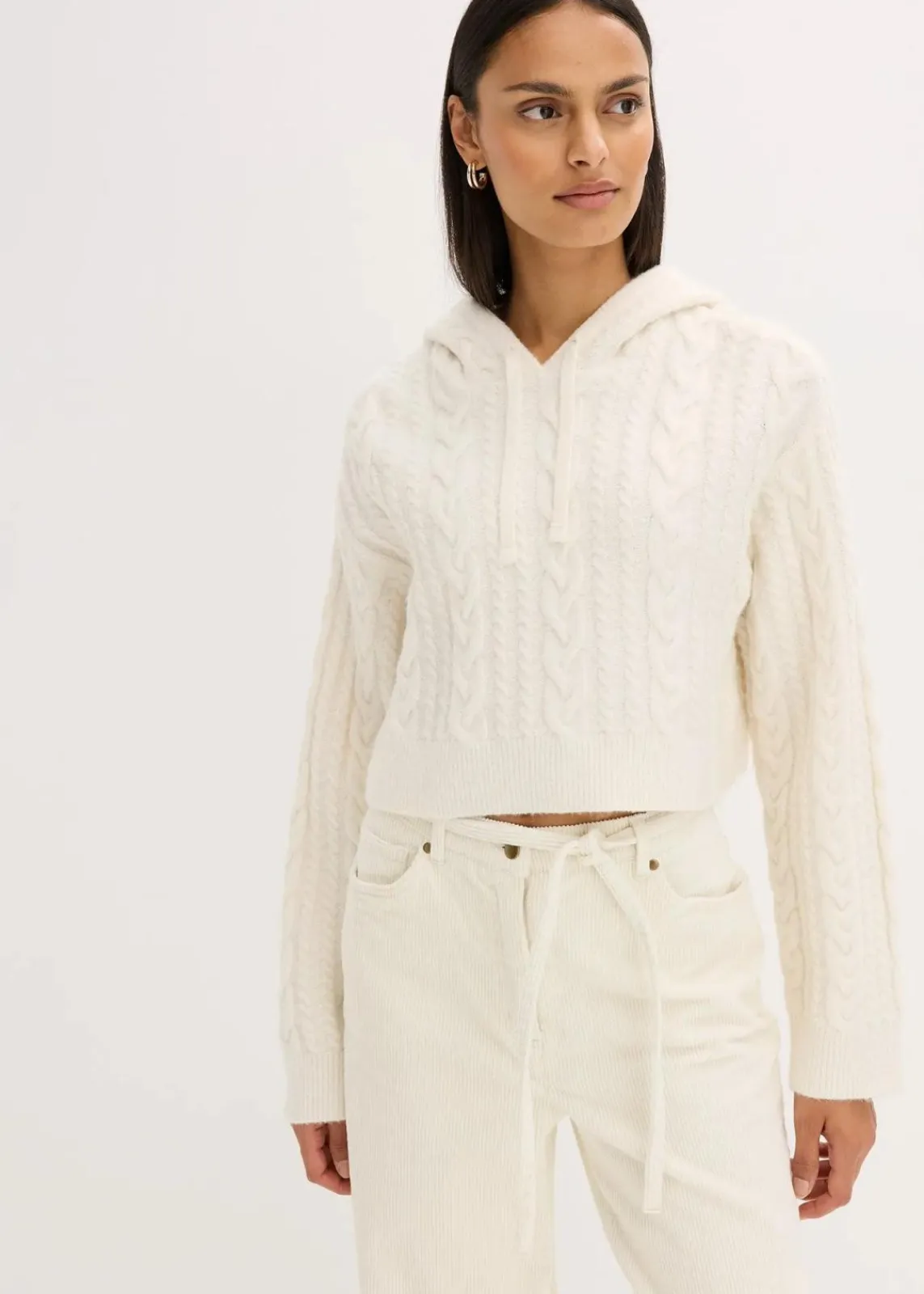 bonprix Bekleidung·Umstandsmode|Strickmode^Grobstrick-Pullover mit Kapuze perlweiß