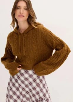 bonprix Bekleidung·Umstandsmode|Strickmode^Grobstrick-Pullover mit Kapuze cognac braun