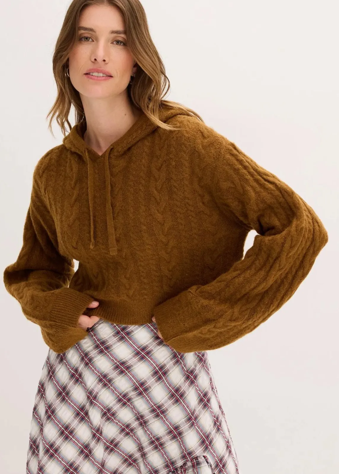 bonprix Bekleidung·Umstandsmode|Strickmode^Grobstrick-Pullover mit Kapuze cognac braun