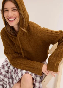 bonprix Bekleidung·Umstandsmode|Strickmode^Grobstrick-Pullover mit Kapuze cognac braun