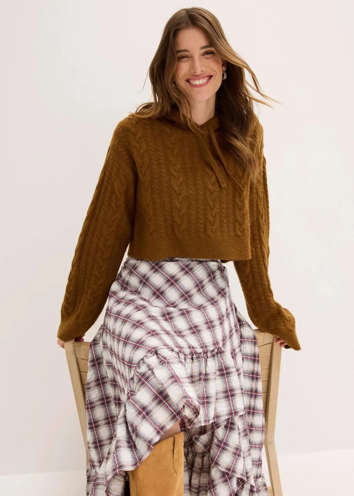 bonprix Bekleidung·Umstandsmode|Strickmode^Grobstrick-Pullover mit Kapuze cognac braun