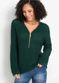 bonprix Bekleidung·Umstandsmode|Bekleidung·Jeans^Grobstrick-Pullover mit Reißverschluss-Detail tiefgrün