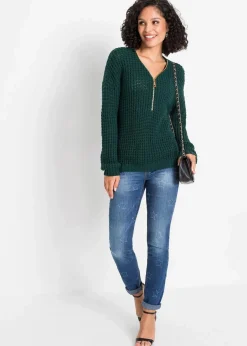 bonprix Bekleidung·Umstandsmode|Bekleidung·Jeans^Grobstrick-Pullover mit Reißverschluss-Detail tiefgrün