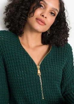 bonprix Bekleidung·Umstandsmode|Bekleidung·Jeans^Grobstrick-Pullover mit Reißverschluss-Detail tiefgrün