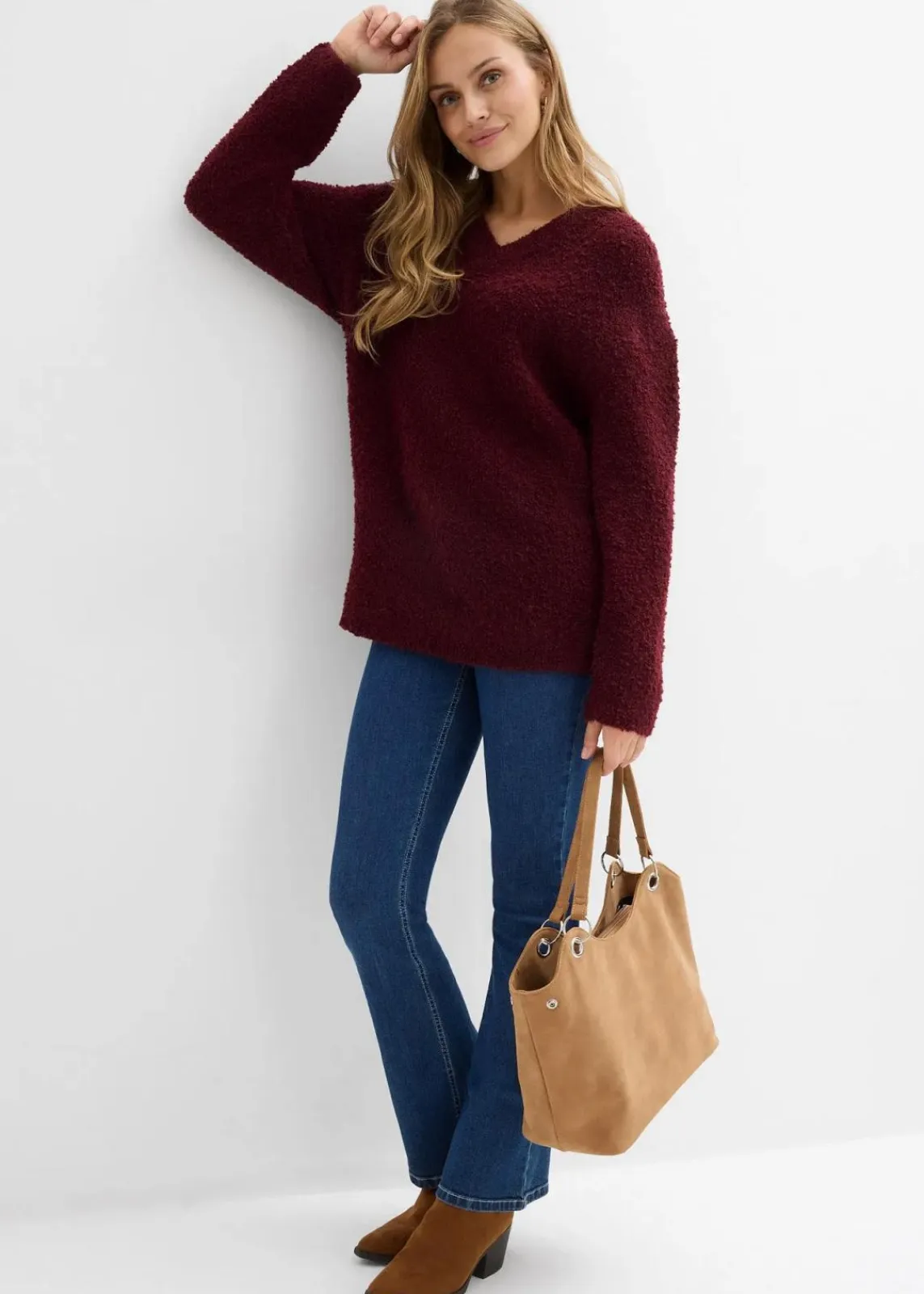bonprix Bekleidung·Umstandsmode|Strickmode^Grobstrick-Pullover mit V-Ausschnitt dunkelbeere