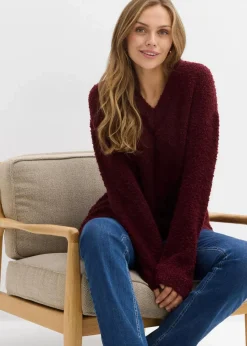 bonprix Bekleidung·Umstandsmode|Strickmode^Grobstrick-Pullover mit V-Ausschnitt dunkelbeere