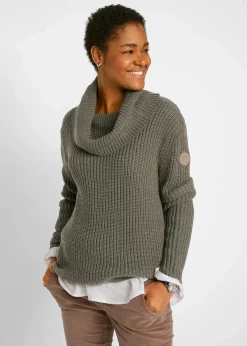 bonprix Bekleidung·Umstandsmode|Bekleidung·Jeans^Grobstrick-Pullover mit weitem Kragen dunkeloliv