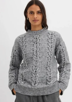 bonprix Bekleidung·Umstandsmode|Strickmode^Grobstrick-Pullover mit Zopfmuster grau meliert