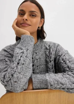 bonprix Bekleidung·Umstandsmode|Strickmode^Grobstrick-Pullover mit Zopfmuster grau meliert