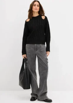 bonprix Bekleidung·Umstandsmode|Strickmode^Grobstrick-Pullover mit Zopfmuster schwarz