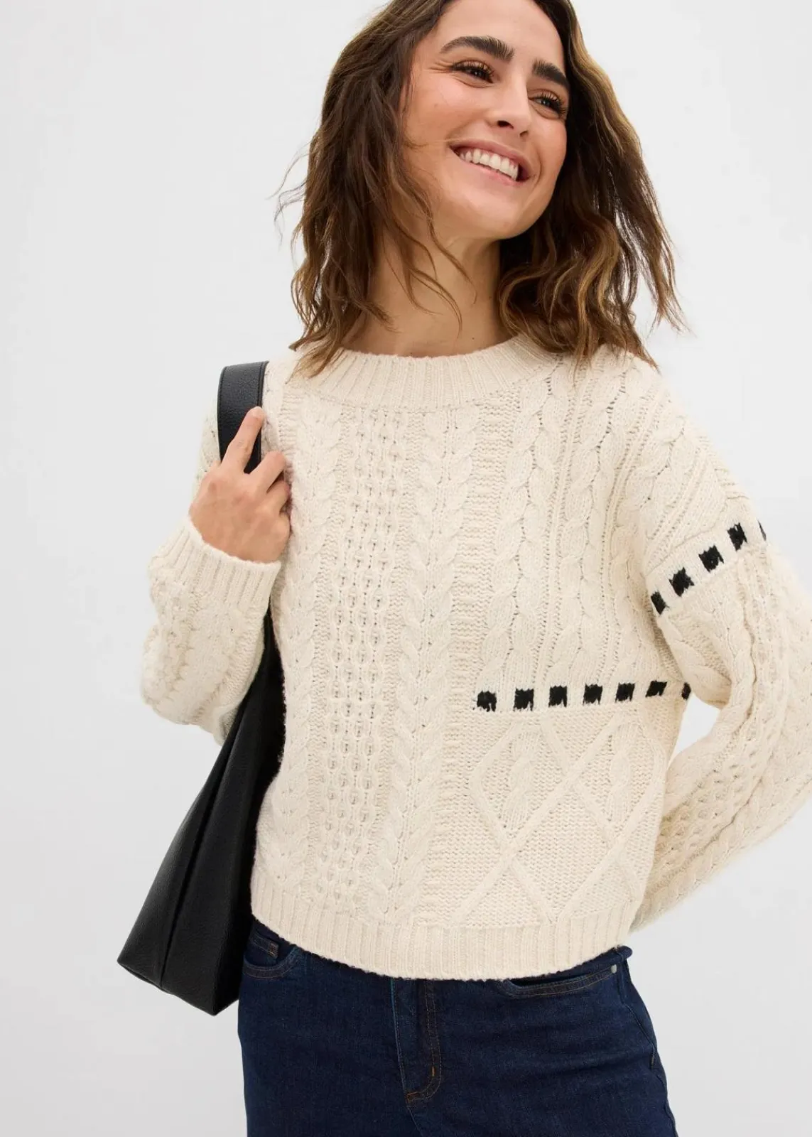 bonprix Pullover & Strickjacken|Strickmode^Grobstrick-Pullover mit Zopfmuster kieselbeige