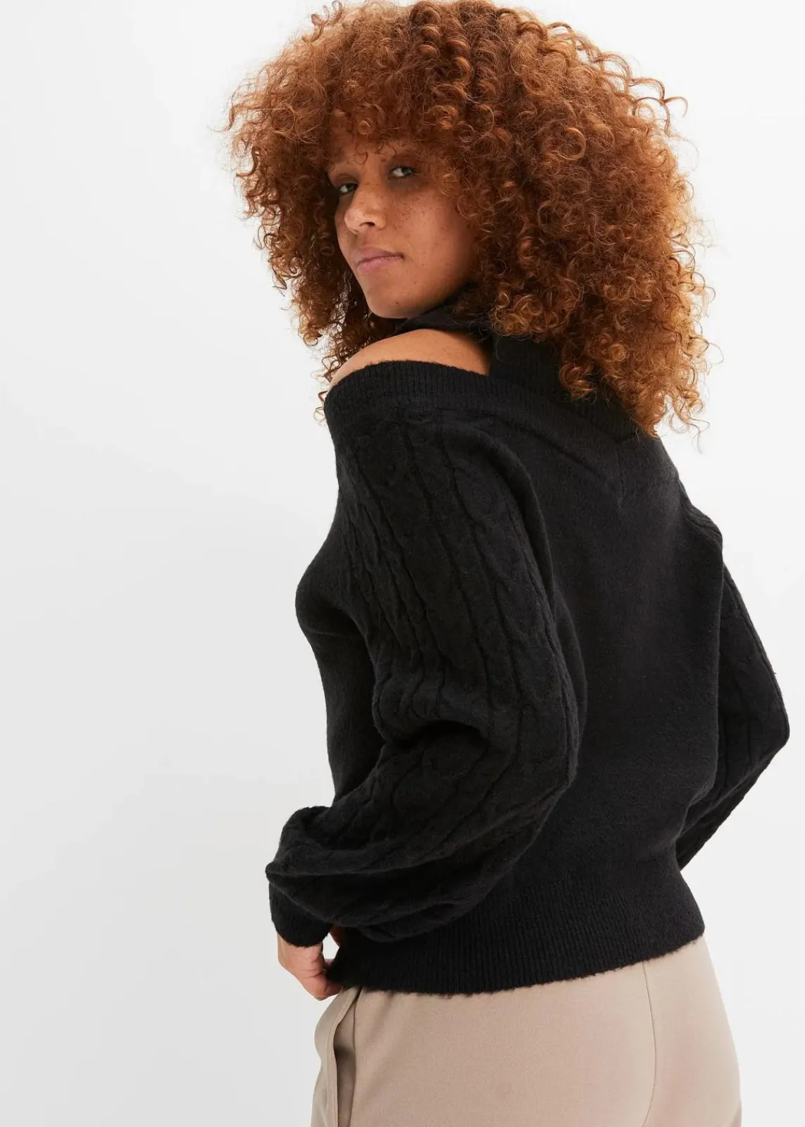 bonprix Pullover & Strickjacken|Strickmode^Grobstrick-Pullover schulterfrei schwarz