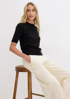 bonprix Bekleidung·Umstandsmode|Strickmode^Halbarm Feinstrickpullover mit Glitzersteinchen schwarz
