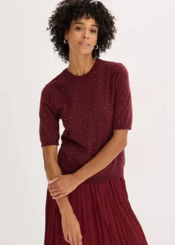 bonprix Bekleidung·Umstandsmode|Strickmode^Halbarm Feinstrickpullover mit Glitzersteinchen ahornrot