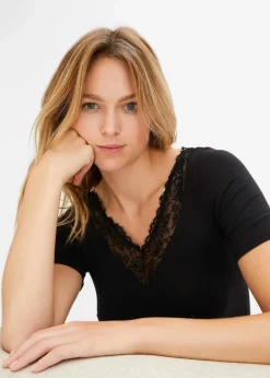 bonprix Bodies|Wäsche·Bodies^Halbarm-Body aus Modal mit Spitze schwarz