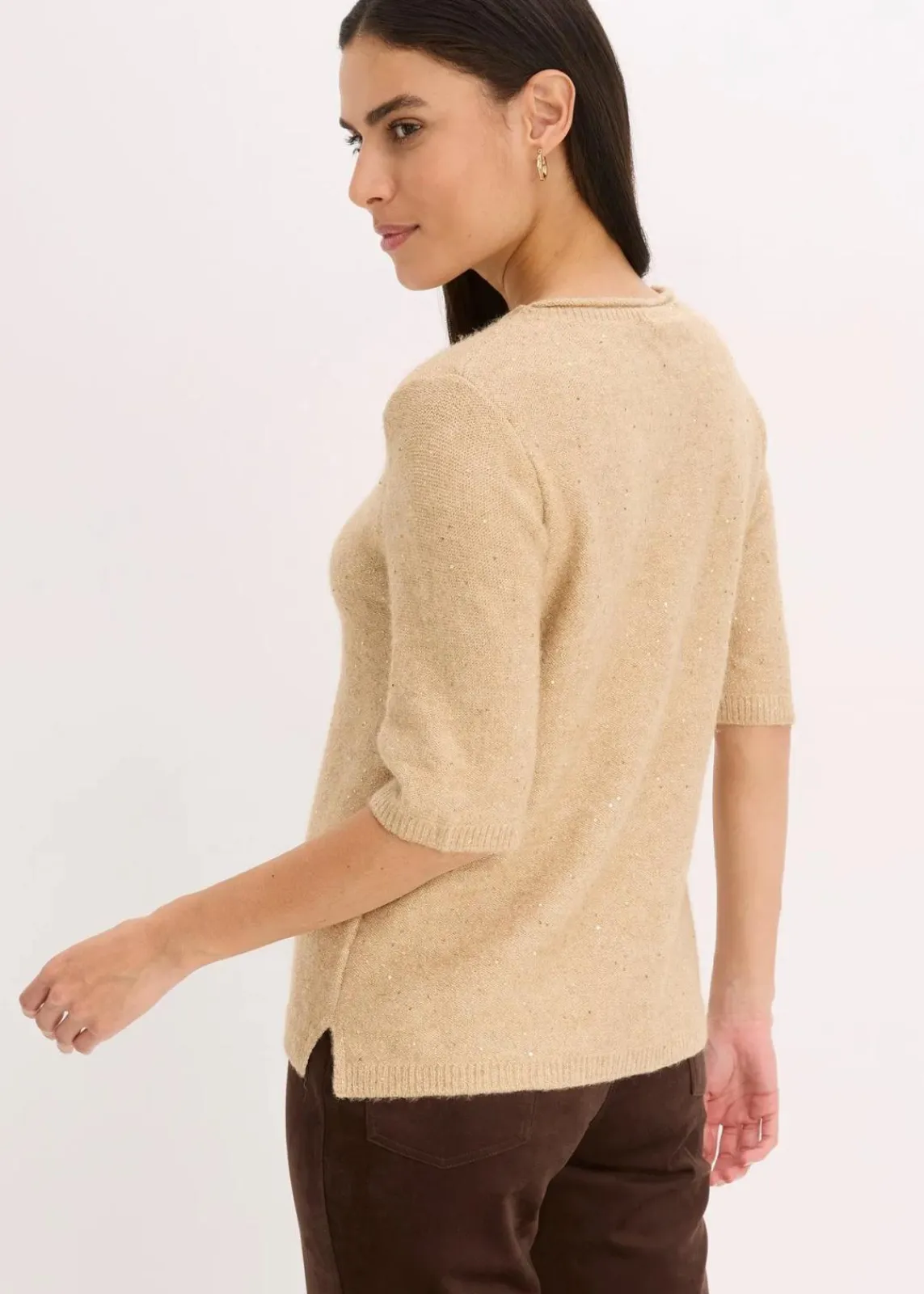 bonprix Strickmode|Pullover & Strickjacken^Halbarmpullover mit Pailletten und Glanzgarn latte macchiato/metallic gold