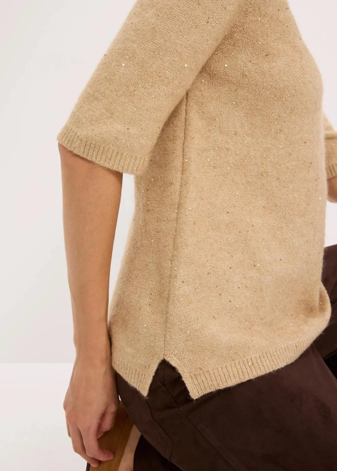 bonprix Strickmode|Pullover & Strickjacken^Halbarmpullover mit Pailletten und Glanzgarn latte macchiato/metallic gold