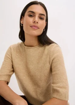 bonprix Strickmode|Pullover & Strickjacken^Halbarmpullover mit Pailletten und Glanzgarn latte macchiato/metallic gold