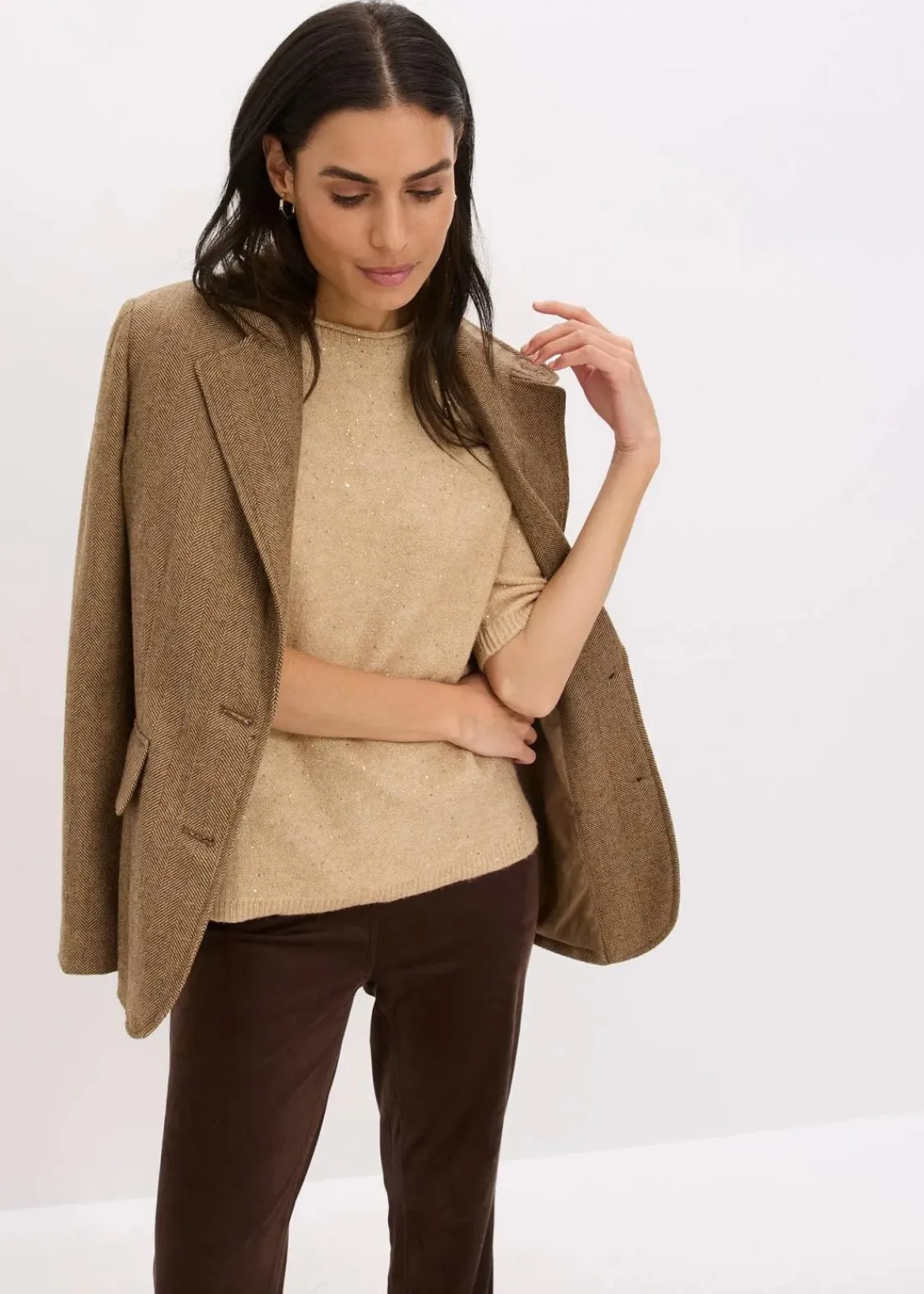 bonprix Strickmode|Pullover & Strickjacken^Halbarmpullover mit Pailletten und Glanzgarn latte macchiato/metallic gold
