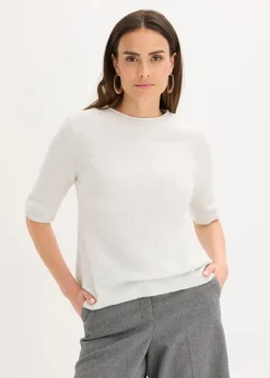 bonprix Strickmode|Pullover & Strickjacken^Halbarmpullover mit Pailletten und Glanzgarn puderweiß/metallic silber